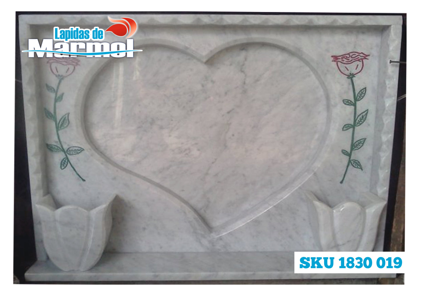 Lapida de Marmol Enmarcada Corazon 2 rosas