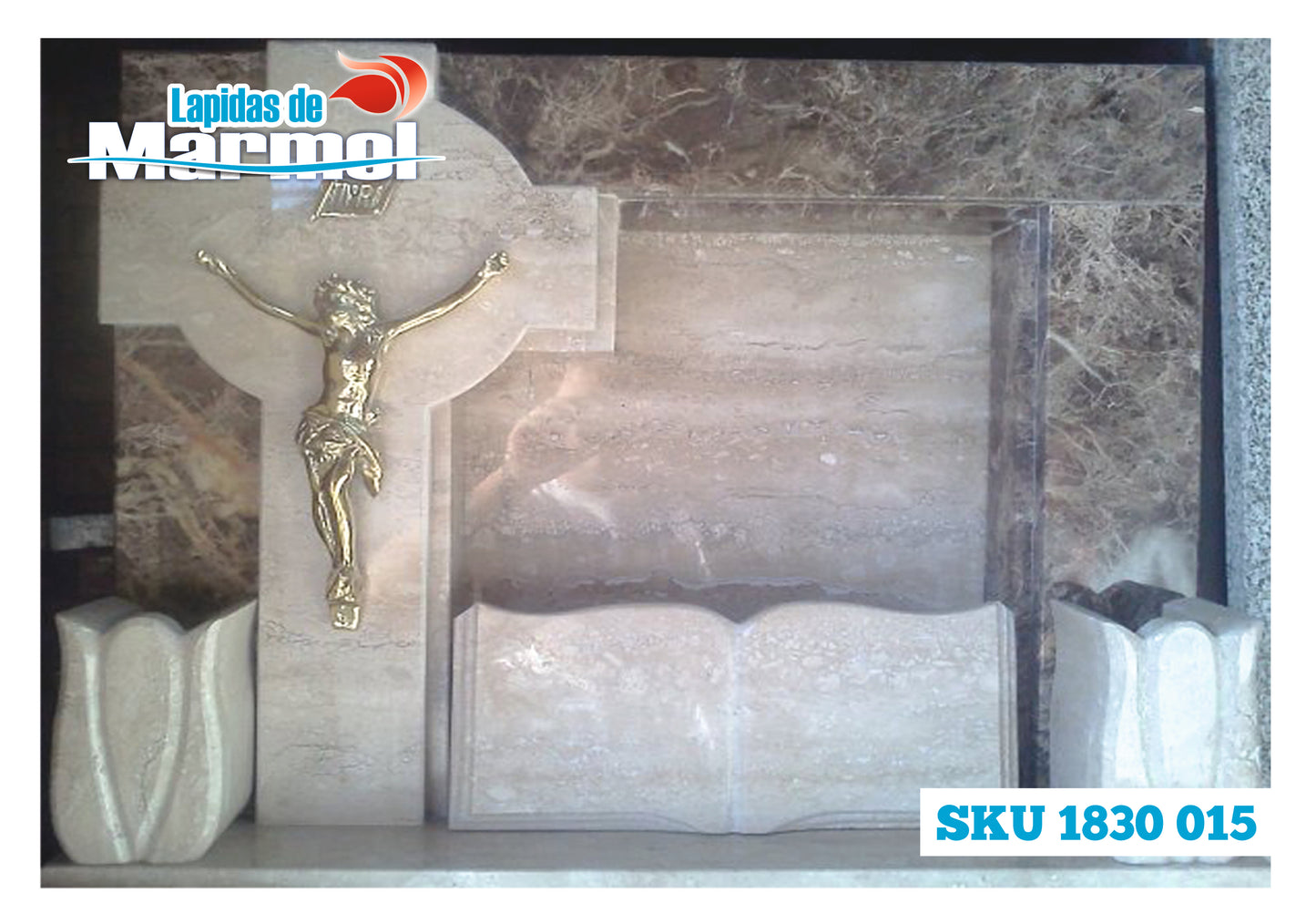 Lapida de Marmol con Crucifijo de Bronce PLateado